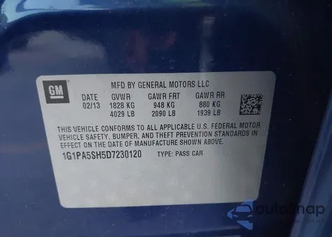 2013 Chevrolet Cruze Ls Auto z USA, uszkodzony, nr VIN 1G1PA5SH5D7230120